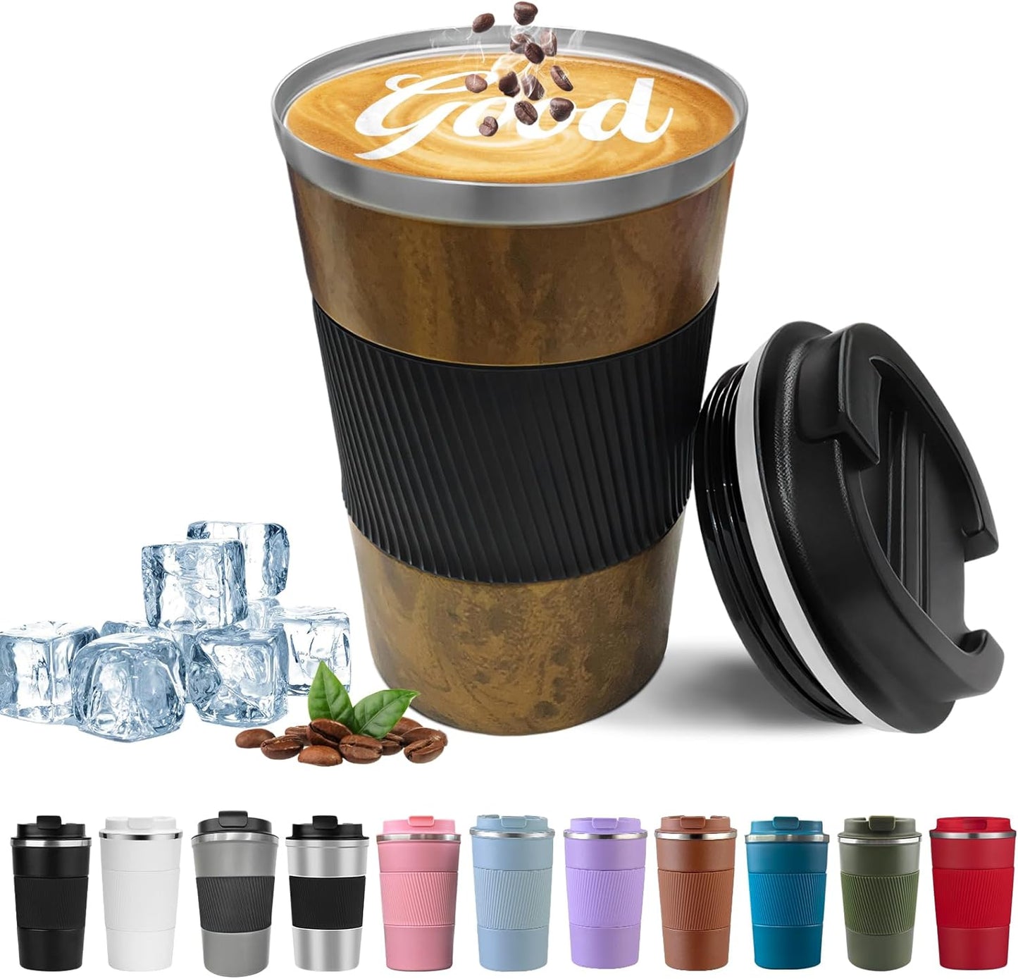 YINBAOGE Insulated Travel Coffee Mug, Spill & Leak Proof, Portable To Go Camping Stainless Steel Coffee Tumbler, Reusable Thermal Coffee Cup with Lid for Hot & Cold Drinks (Black, 12 OZ)
