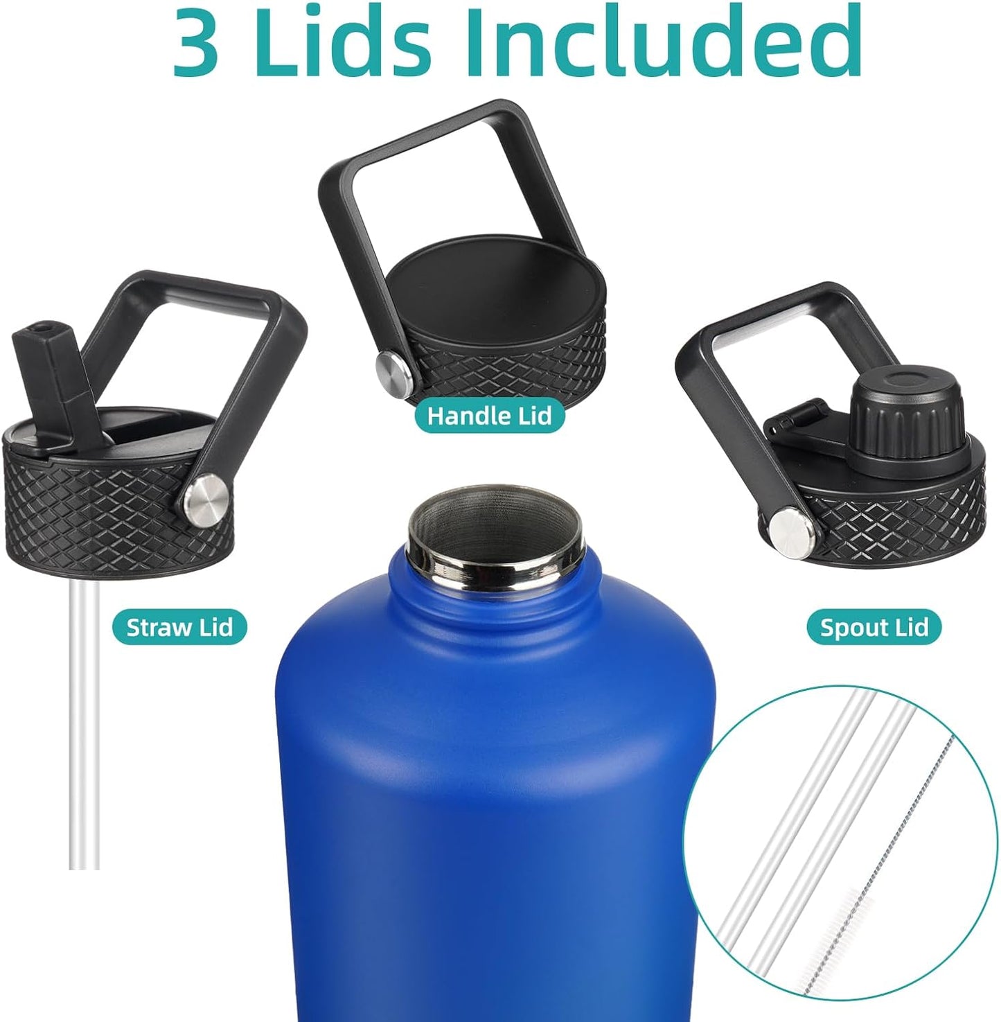 Konokyo 22oz Stainless Steel Bottles with 3 Lids Sport Insulated Water Bottle,Mint