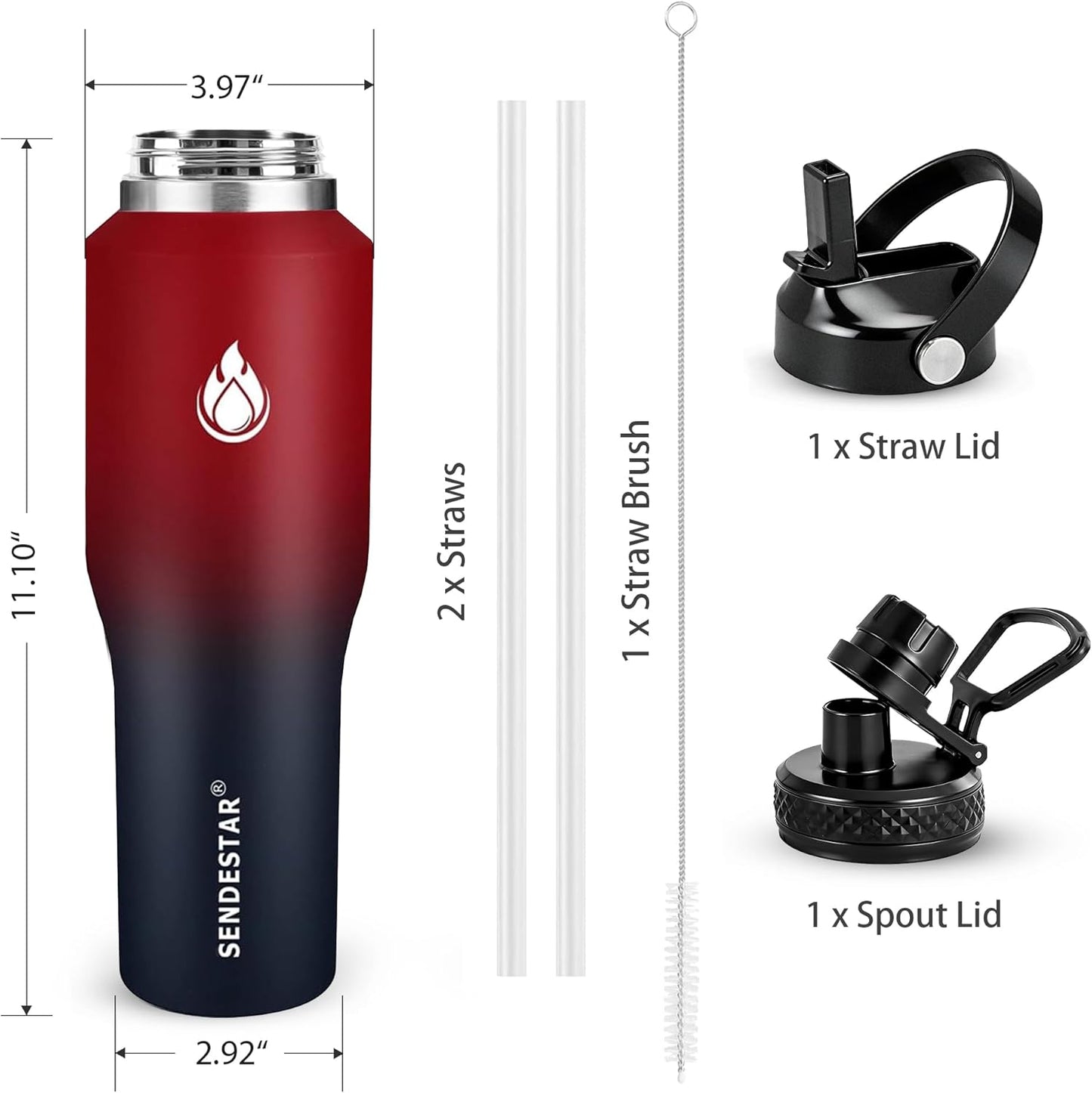 SENDESTAR 40oz Water Bottle Wide Mouth Stainless Steel Vacuum Insulated Double Wall with Straw Lids Fit in Any Car Cup Holder