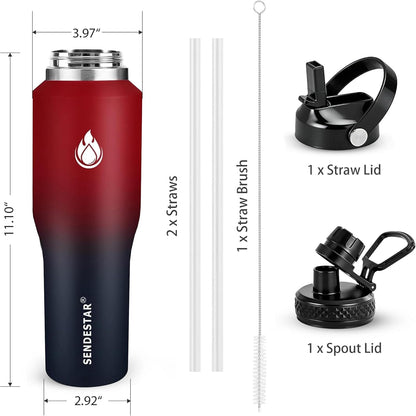 SENDESTAR 40oz Water Bottle Wide Mouth Stainless Steel Vacuum Insulated Double Wall with Straw Lids Fit in Any Car Cup Holder