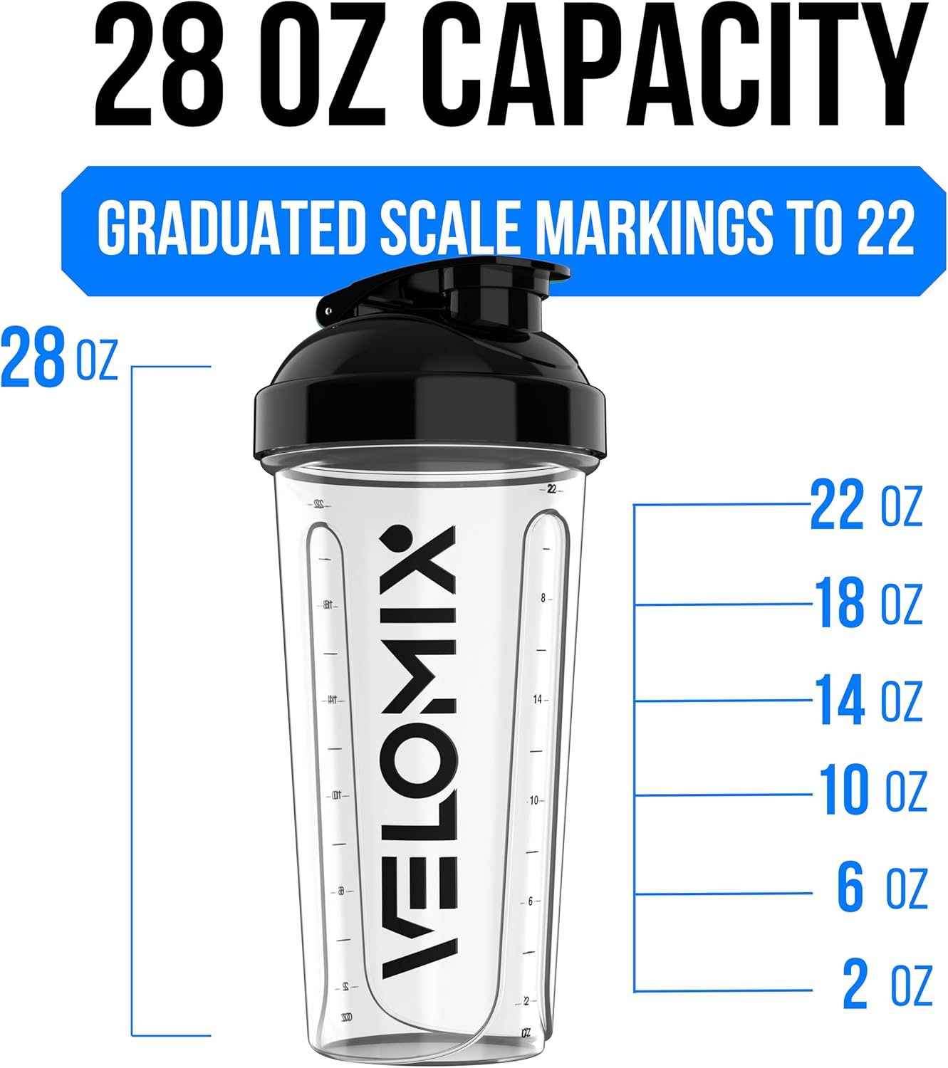 VELOMIX -2 Pack- 28 oz Protein Shaker Bottles for Protein Mixes - 2x Wire Whisk | Leak Proof Shaker Cups for Protein Shakes | Protein Shaker Bottle Pack (Black/Transparent)