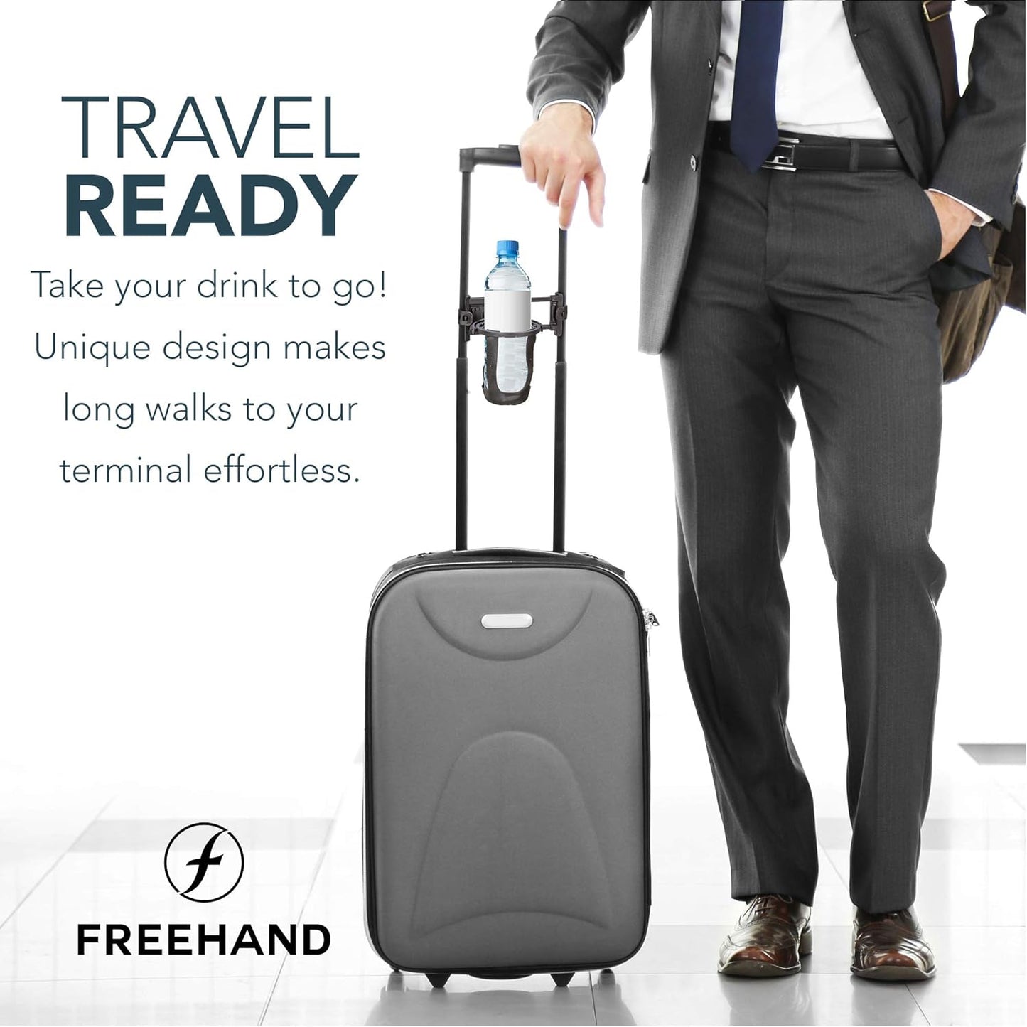 Freehand Luggage Cup Holder – Self Leveling Hands Free Drink Caddy – Fits Roll On Suitcase Handles - Holds 8 – 24 Ounce Coffee Cups or Up to 1 Liter Water Bottles Black