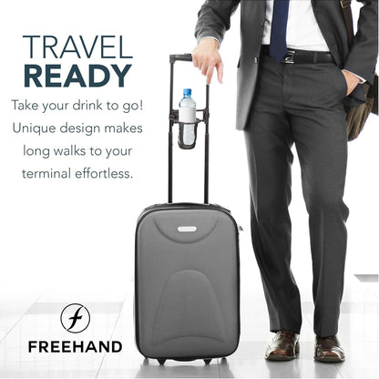 Freehand Luggage Cup Holder – Self Leveling Hands Free Drink Caddy – Fits Roll On Suitcase Handles - Holds 8 – 24 Ounce Coffee Cups or Up to 1 Liter Water Bottles Black