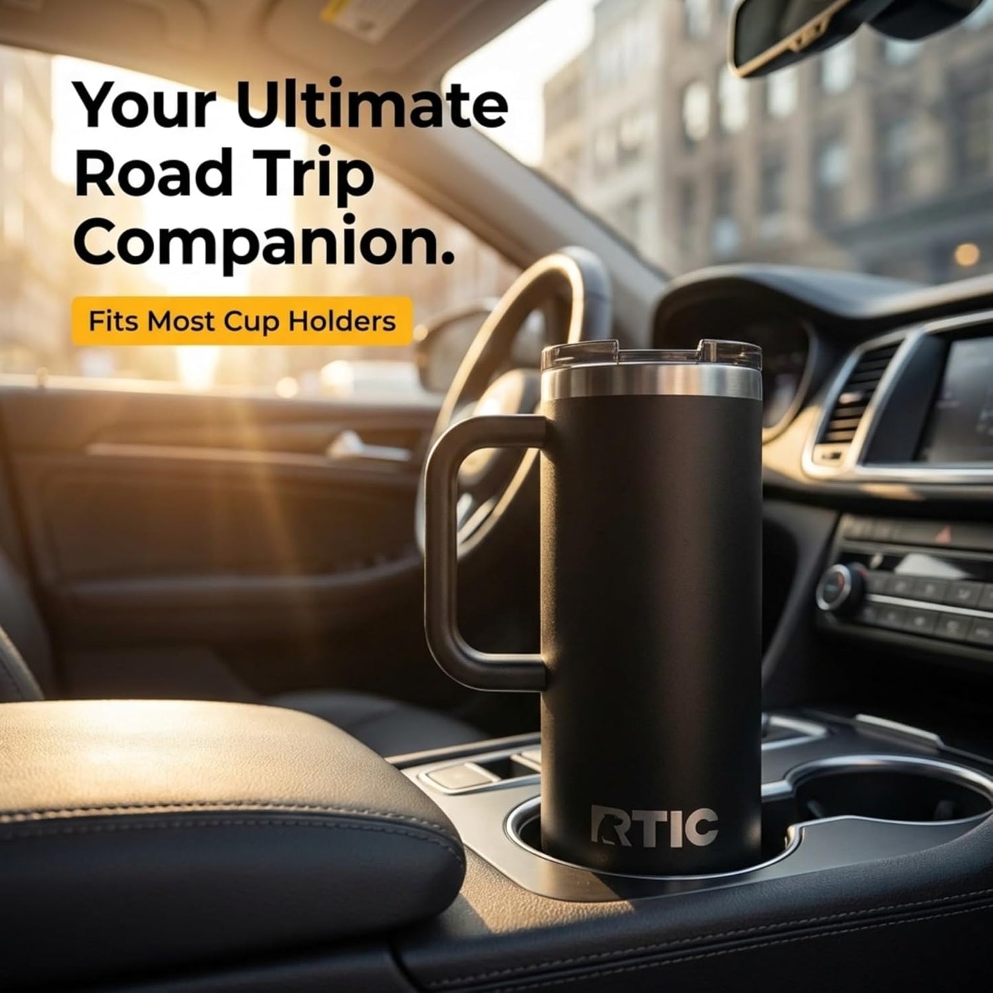 RTIC 20oz Road Trip Travel Mug with Lid and Handle, Ceramic Lined, Insulated, Stainless Steel, Metal, Double Wall Vacuum-Insulation, Portable Coffee, Tea Cup for Hot and Cold Drink, Black
