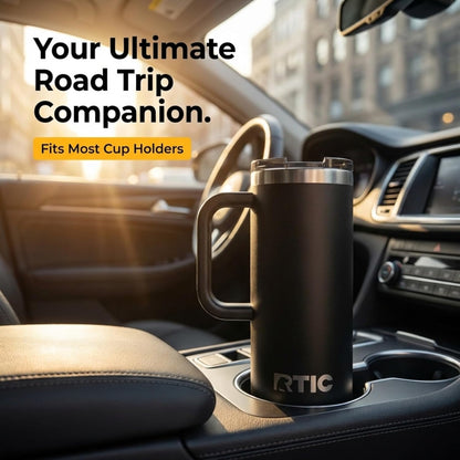 RTIC 20oz Road Trip Travel Mug with Lid and Handle, Ceramic Lined, Insulated, Stainless Steel, Metal, Double Wall Vacuum-Insulation, Portable Coffee, Tea Cup for Hot and Cold Drink, Black