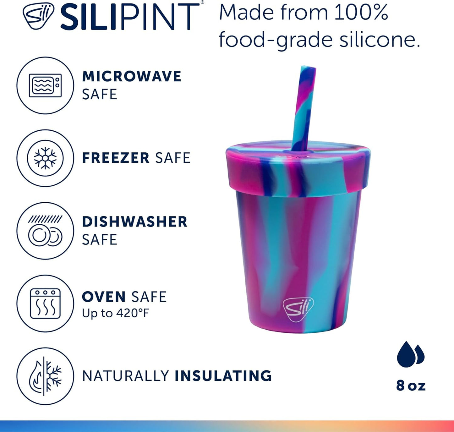 Silipint 8oz Silicone Tumbler with Straw and Lid – Unbreakable, BPA Free, Non-Toxic, Dishwasher, Microwave, Freezer Safe Tumbler Cup – Drinkware for Juice, Smoothies, Coffee (Cool Berry Crush)