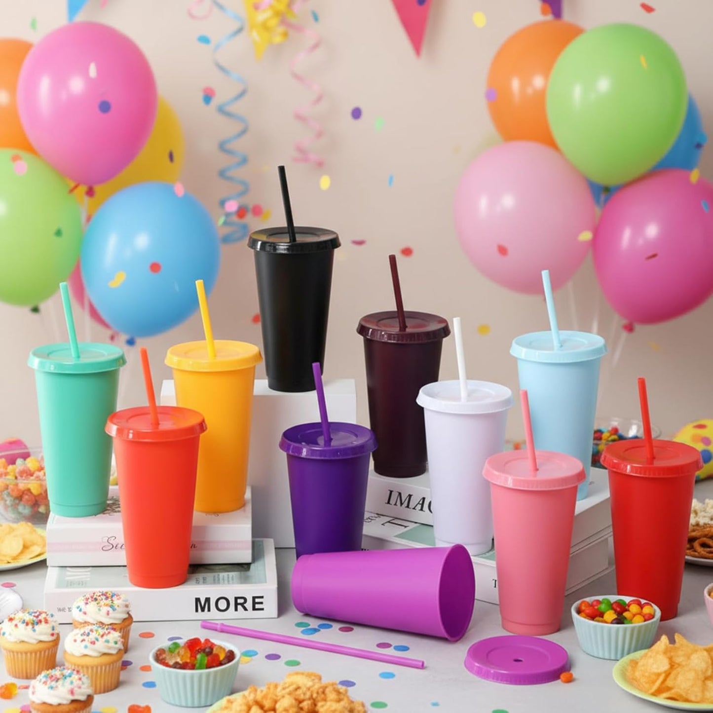Honeydak 15 Pack Tumbler with Straw and Lid Bulk Cups for Gifts Water Bottle Iced Coffee Travel Mug Cup Reusable Plastic Tumblers for Party Birthdays 24-27 oz (Solid Color)