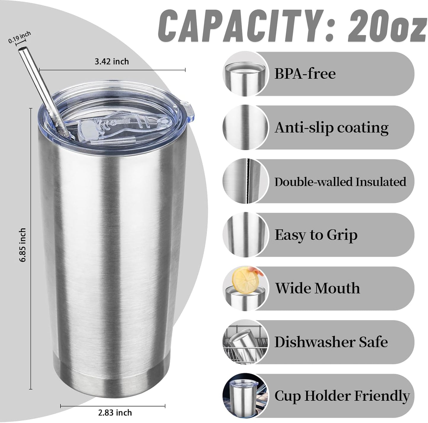 20 oz Tumbler with Lids and Straws, Stainless Steel Insulated Travel Coffee Mug, Double Wall Vacuum Insulated Tumblers, Powder Coated Coffee Tumbler for Cold & Hot Drinks (Light Purple)