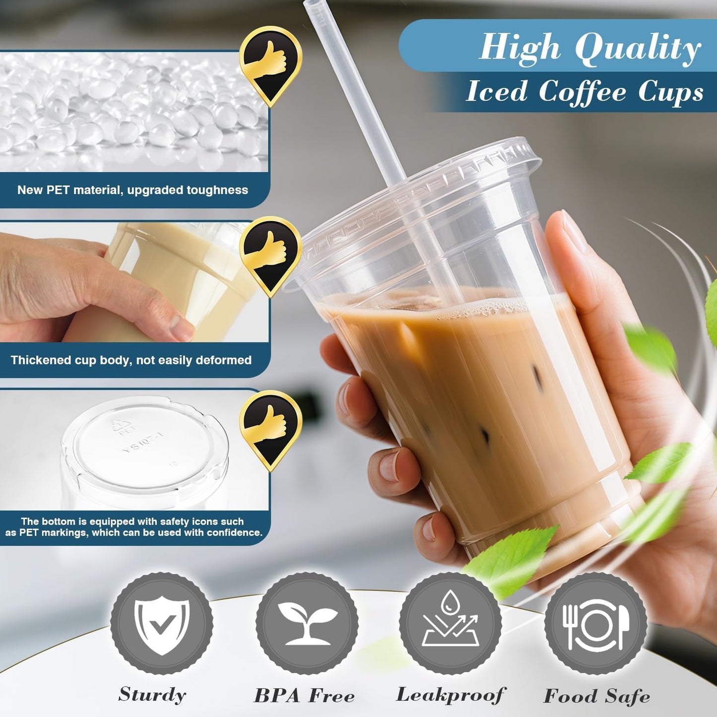 Ginkgo 32 oz Clear Plastic Cups with Lids and Jumbo Straws, Disposable To Go Iced Coffee Cups for Smoothie, Boba Milk Tea - 50 Pack