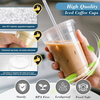 Ginkgo 32 oz Clear Plastic Cups with Lids and Jumbo Straws, Disposable To Go Iced Coffee Cups for Smoothie, Boba Milk Tea - 50 Pack