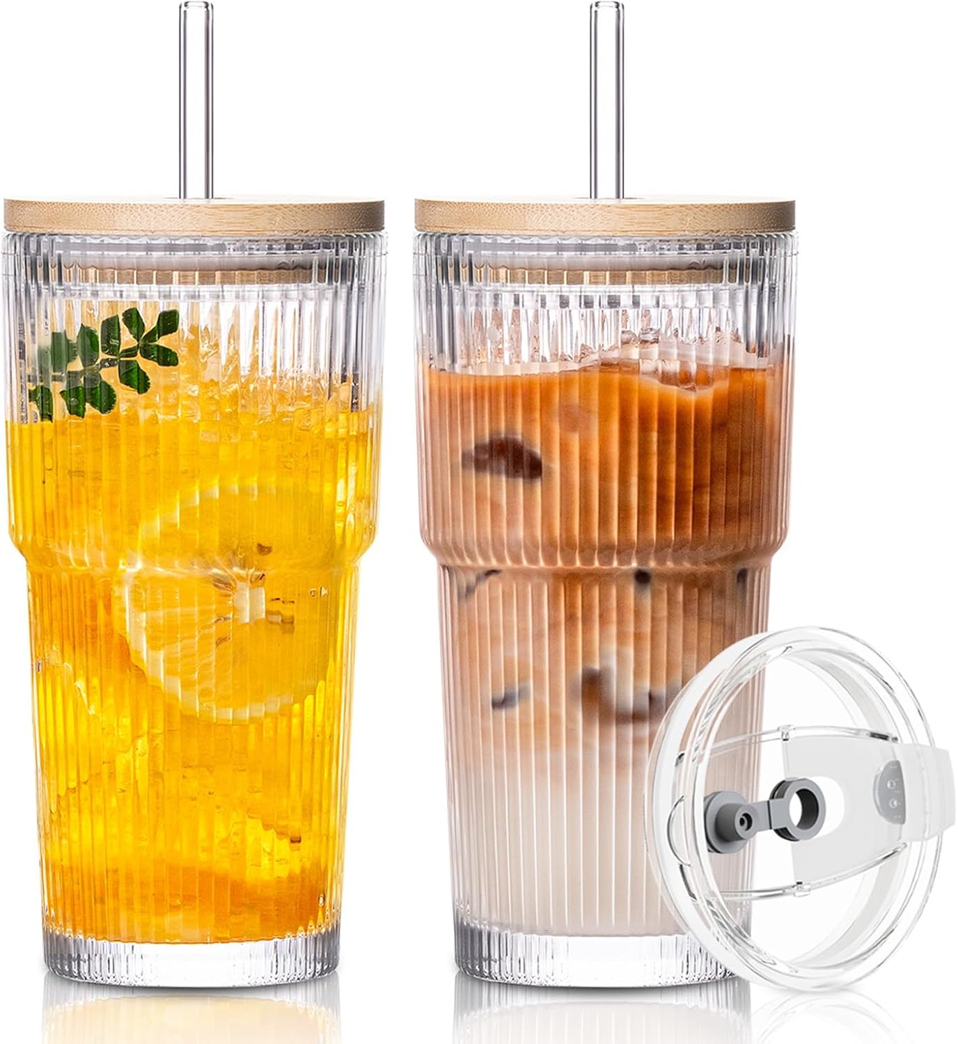 SoulTimes 20oz Glass Cups with Lids and Straws, Ribbed Glass Tumbler for Iced Coffee, Smoothie, Juice & Cold Drinks, Reusable Thick Glassware Set, Elegant Home & Travel Drinkware【2 Pack】
