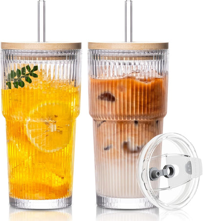 SoulTimes 20oz Glass Cups with Lids and Straws, Ribbed Glass Tumbler for Iced Coffee, Smoothie, Juice & Cold Drinks, Reusable Thick Glassware Set, Elegant Home & Travel Drinkware【2 Pack】