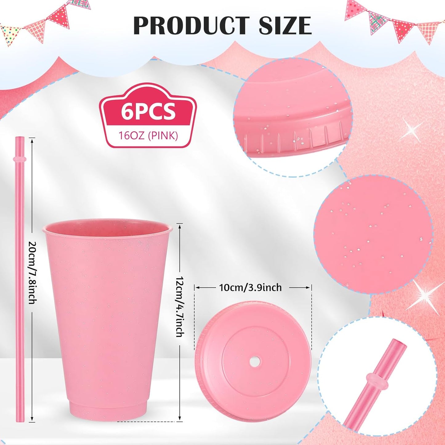 Uiifan 6 Pcs 24 oz Reusable Tumbler with Lids and Straws Plastic Iced Coffee Tumbler Glitter Travel Mug Cup for Smoothie Juices Birthday Party Cold Drink Coffee Cup Bulk for Adult Kid Women (Clear)