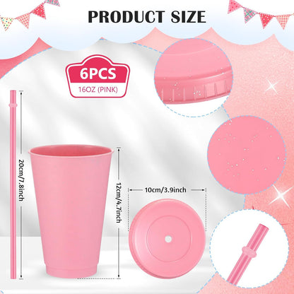 Uiifan 6 Pcs 24 oz Reusable Tumbler with Lids and Straws Plastic Iced Coffee Tumbler Glitter Travel Mug Cup for Smoothie Juices Birthday Party Cold Drink Coffee Cup Bulk for Adult Kid Women (Clear)