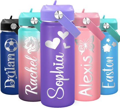 Made in USA, Custom 18oz Flip Straw Lid Tumbler, Personalized Kids Water Bottle with Engraved Name for School, Back to School Gifts for Boys and Girls, Personalized Birthday Gifts for Kids