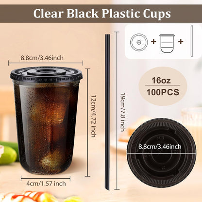 tchrules 100 Set 16oz Plastic Cups with Lids and Straws, Disposable Clear Iced Coffee Cup with Lid, Round Bottom Plastic To Go Cups for Cold Drinks Slushie Smoothie Lemonade Matcha Party Shop Supplies