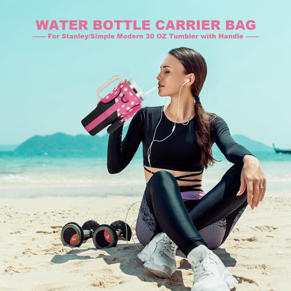 BULKITEM Water Bottle Carrier Bag with Phone Pocket for Stanley 40 & 30 oz Tumbler with Handle,Pink Insulated Neoprene Cup Holder Pouch w/Adjustable Strap for Quencher H2.0 Stanley Cup Accessories