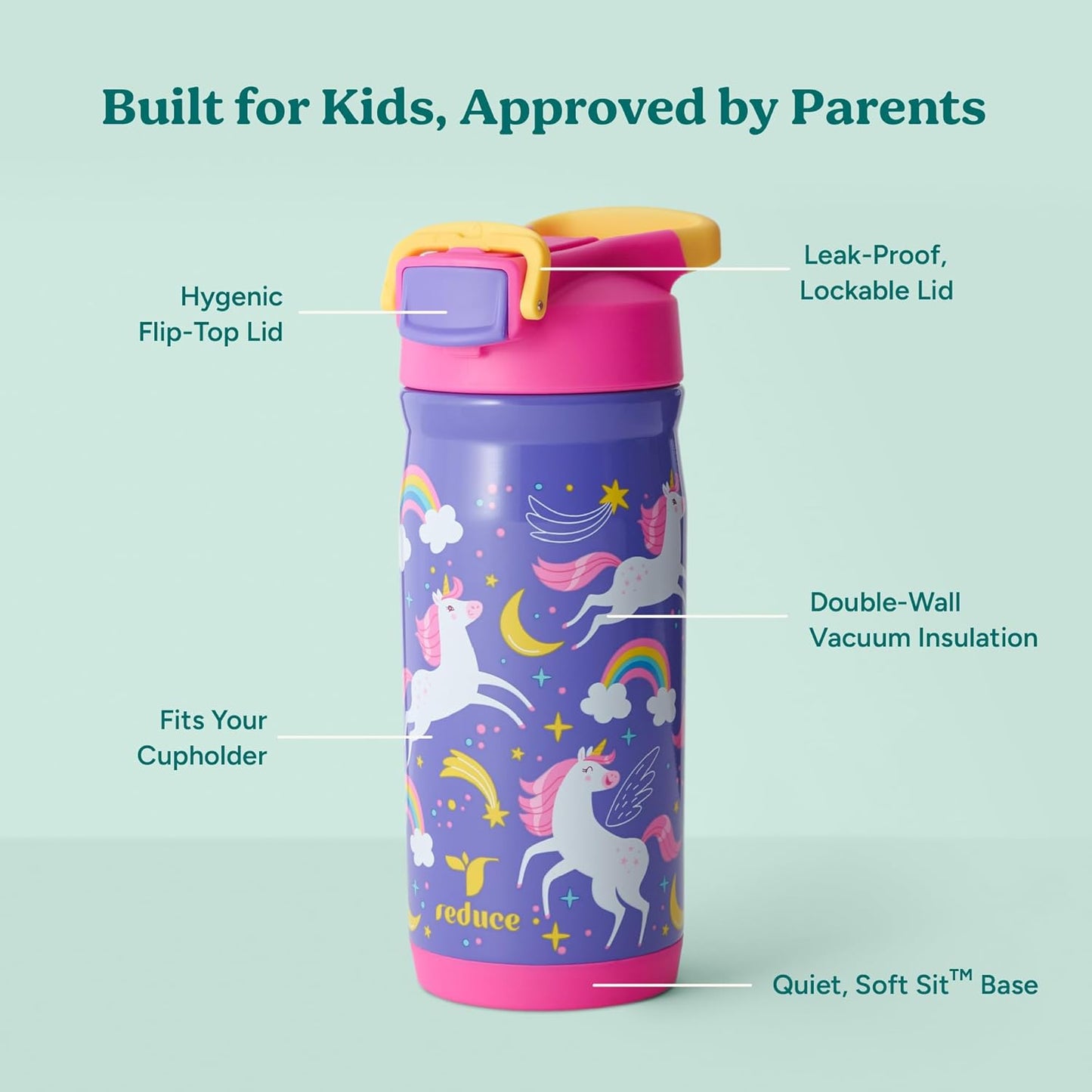 Reduce Hydrate Pro Kids 14oz Stainless Steel Insulated Water Bottle w/Straw – Spill Proof Tumbler for Kids – 30 Hour Cold Retention – Dishwasher Safe Leak-Proof Design - Abstract Flowers