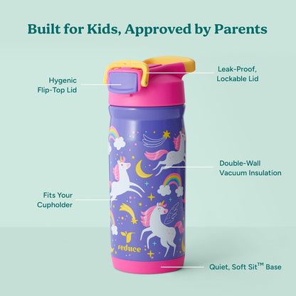 Reduce Hydrate Pro Kids 14oz Stainless Steel Insulated Water Bottle w/Straw – Spill Proof Tumbler for Kids – 30 Hour Cold Retention – Dishwasher Safe Leak-Proof Design - Abstract Flowers