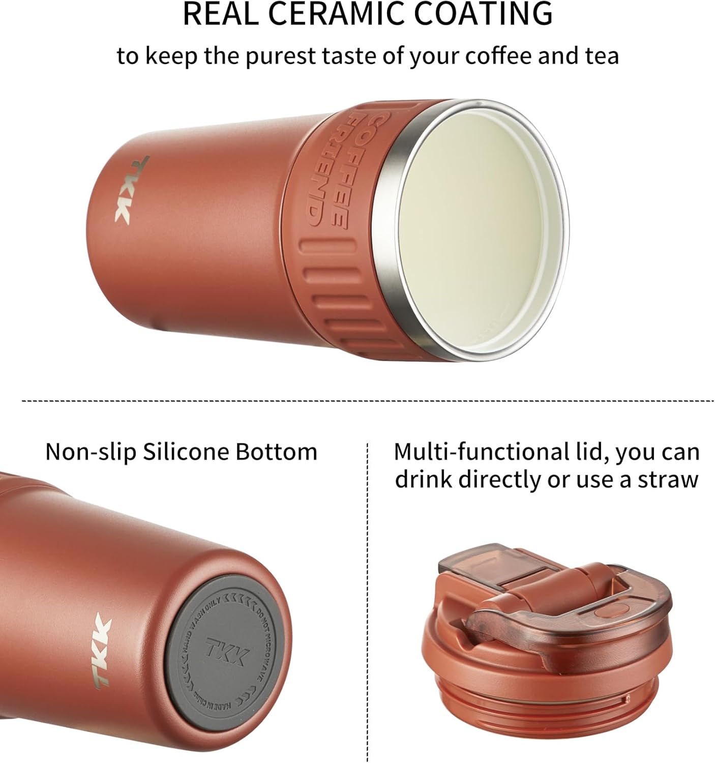 TKK Insulated Coffee Mug with Ceramic Coating, 21oz Iced Coffee Tumbler Cup with Straw Lid Double Wall Vacuum Leak Proof Travel Mug with Strap for Hot and Iced Beverage, Tungsten Steel