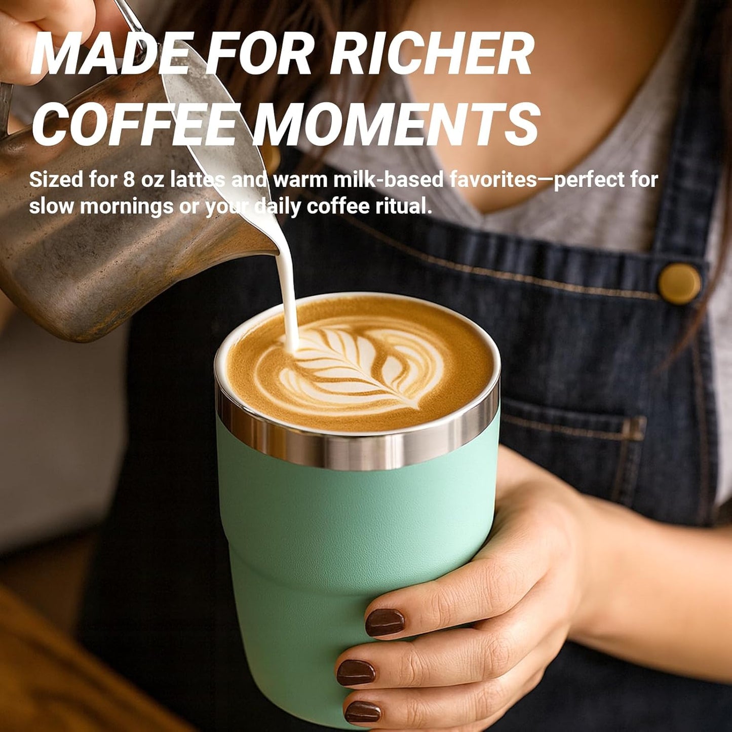 8 oz Small Coffee Cup with Magnetic Lid, Ceramic-Lined 18/8 Stainless Steel, Double-Wall Vacuum Insulated, Stackable, Dishwasher Safe, Mini Tumbler for On-the-Go, 2 Pack, Black