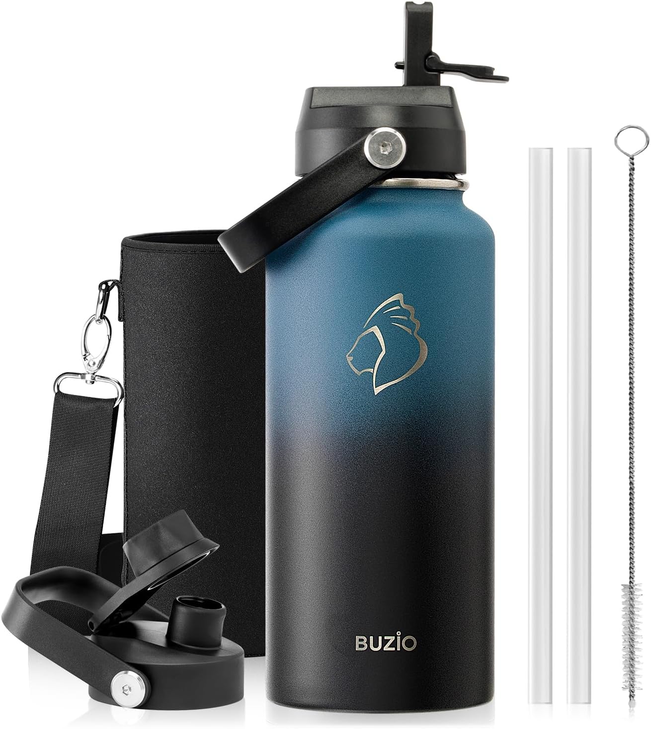 BUZIO 40oz Insulated Water Bottle, Triple Wall Vacuum Stainless Steel Water Flask with 2 lids, Lead-Free BPA-Free Straw Lid Sports Canteen Jug, Cold 48H & Hot 24H- Black - Colors B