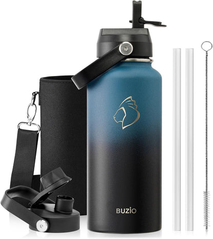 BUZIO 40oz Insulated Water Bottle, Triple Wall Vacuum Stainless Steel Water Flask with 2 lids, Lead-Free BPA-Free Straw Lid Sports Canteen Jug, Cold 48H & Hot 24H- Black - Colors B