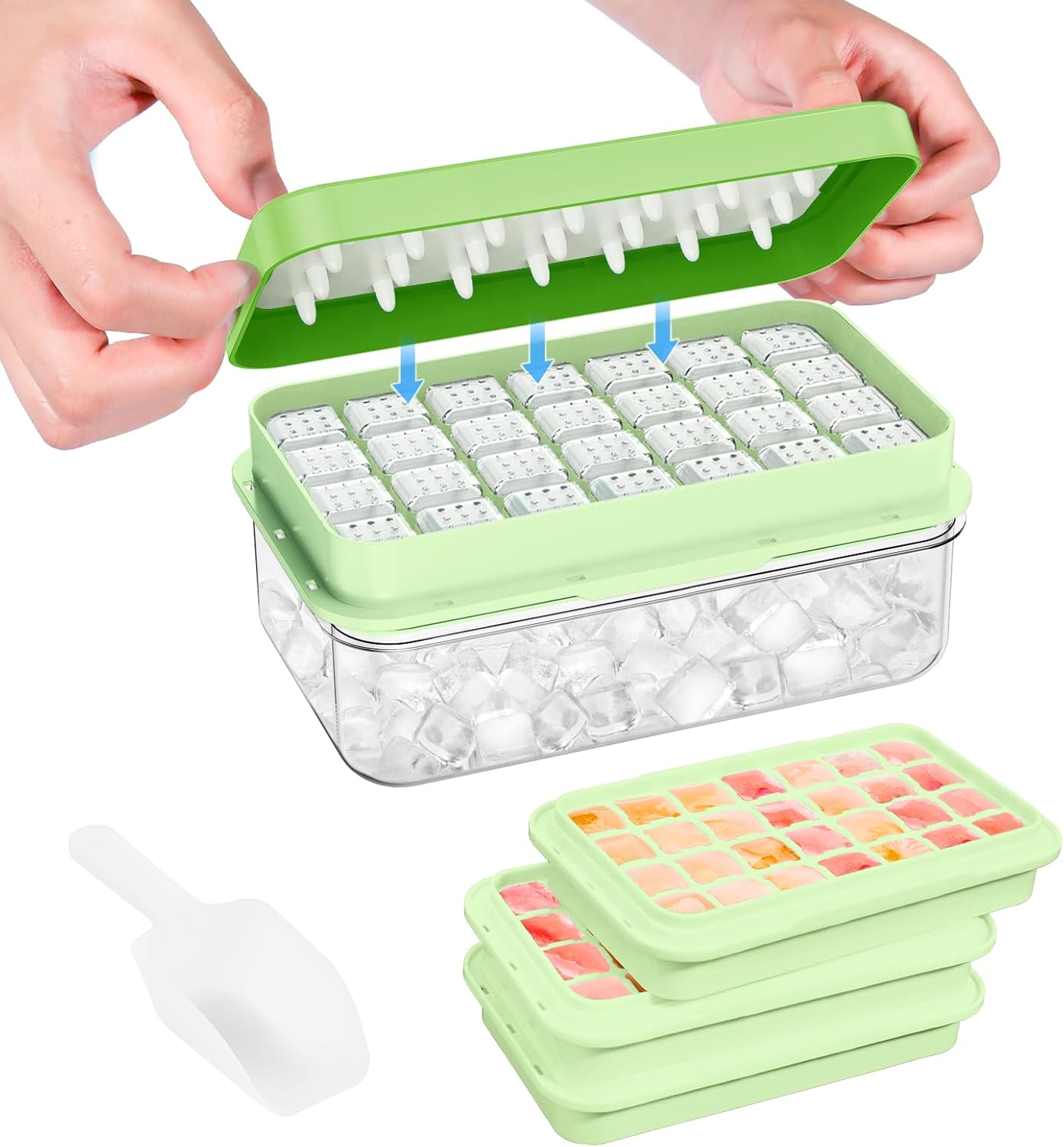 Ice Cube Tray with Lid and Bin, PHINOX 56 pcs Ice Trays for Freezer, Ice Cube Trays for Freezer with 2 trays, Container, Lid & Ice Scoop, BPA Free