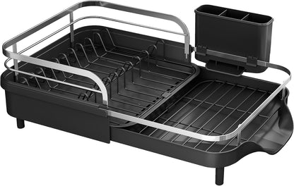 SAYZH Dish Drying Rack - Expandable Dish Rack for Kitchen Counter, Rust-Resistant Dish Drainer with Utensil Holder and Raised Guardrail, Kitchen Organizer for Cup and Bottle (Black)