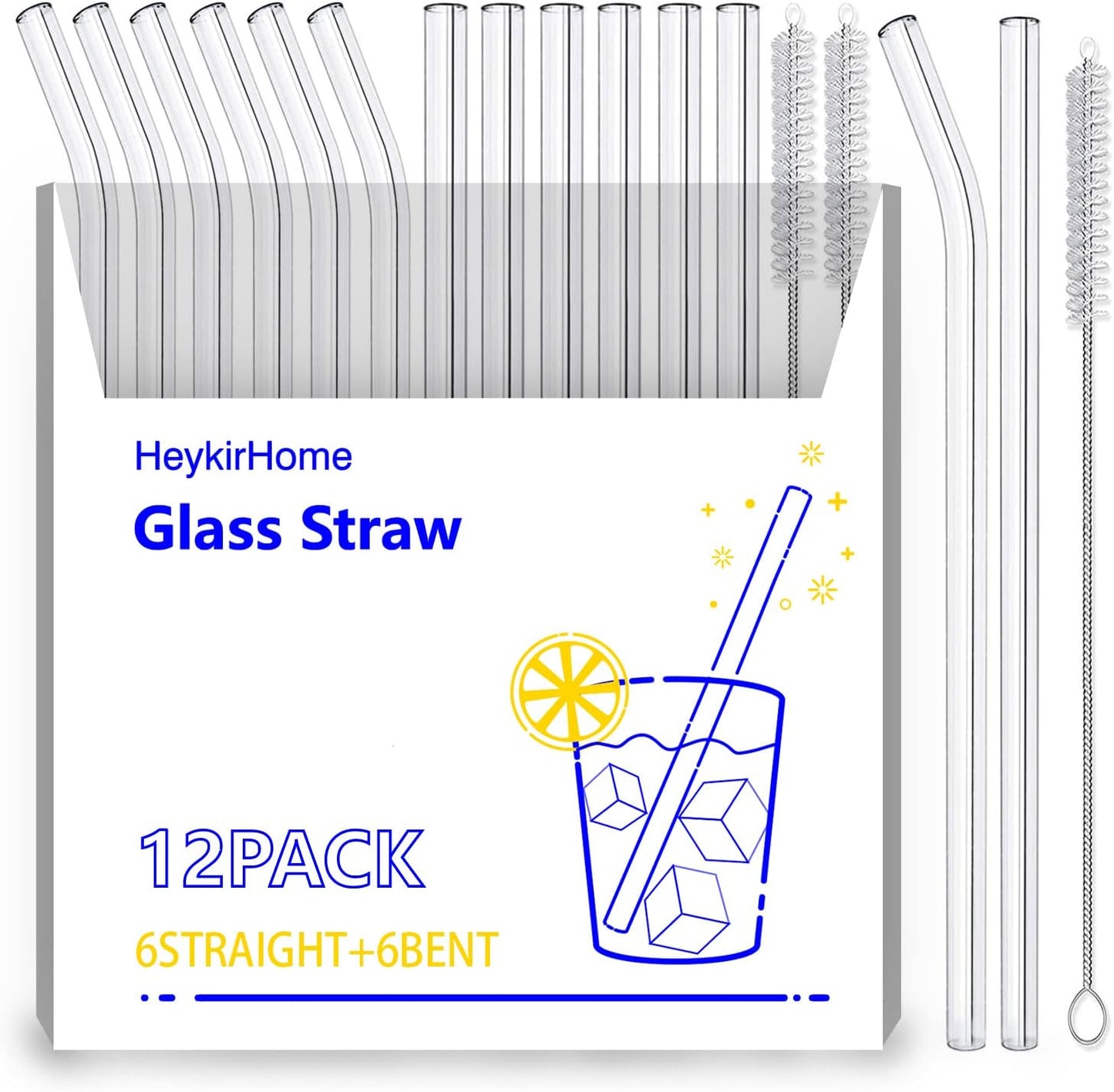 HeykirHome 4-Pack Reusable Glass Straw, Size 8.5''x10 MM,Including 2 Straight and 2 Bent with 2 Cleaning Brush- Perfect For Smoothies, Tea, Juice