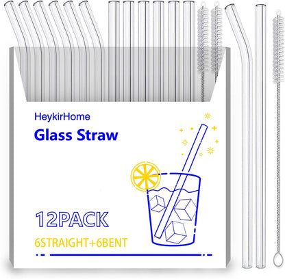 HeykirHome 4-Pack Reusable Glass Straw, Size 8.5''x10 MM,Including 2 Straight and 2 Bent with 2 Cleaning Brush- Perfect For Smoothies, Tea, Juice