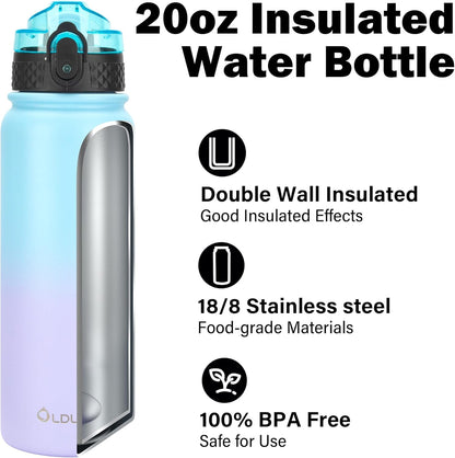 Oldley Insulated Water Bottle 20oz for Adults Kids Stainless Steel Water Bottles with Straw/Chug/Carabiner 3 Lids Fruit Strainer Double Wall Vacuum Wide Mouth BPA Free Leak-Proof for School Travel
