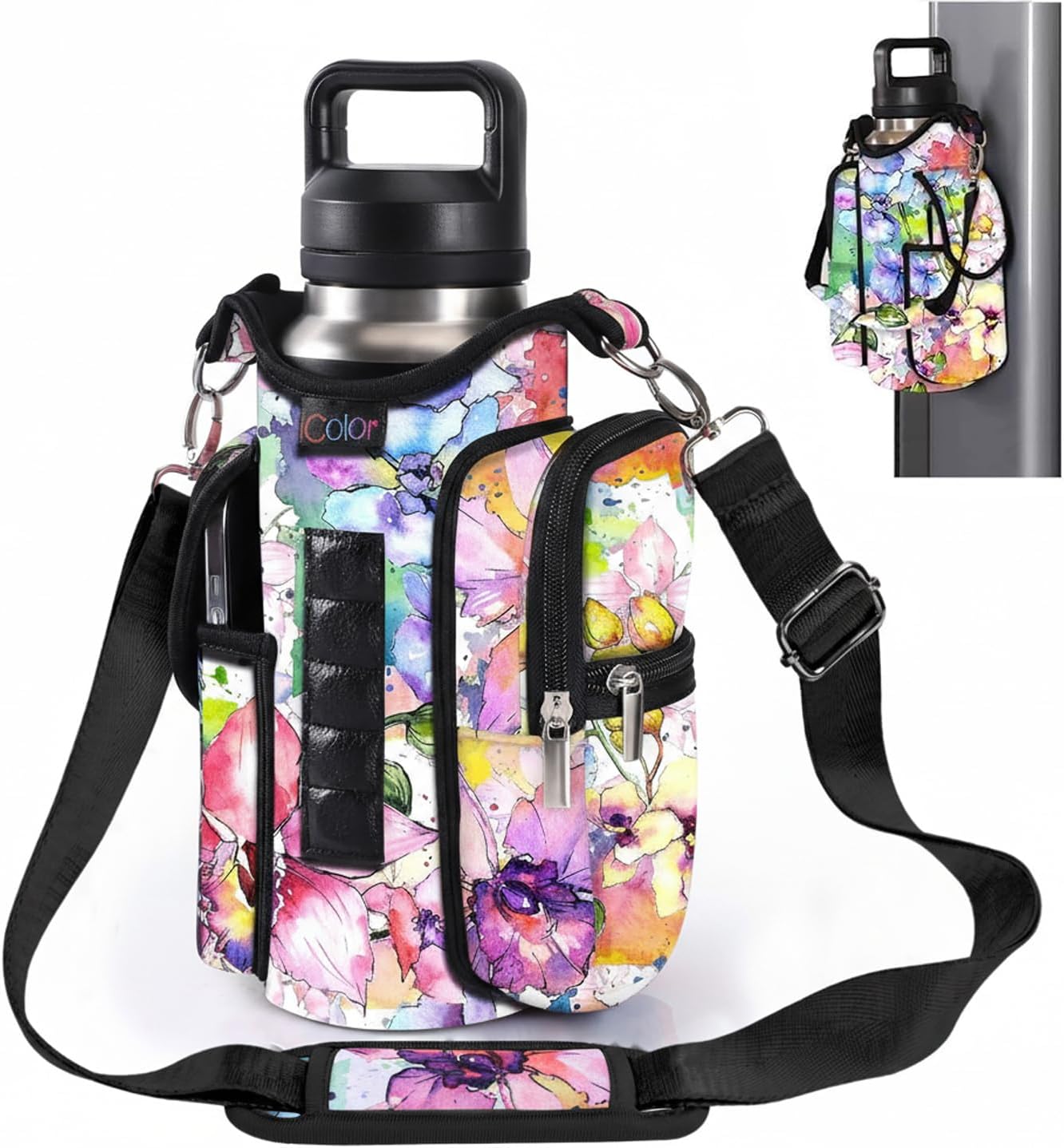 icolor Magnetic Gym Bag Water Bottle Carrier Holder with Phone Pockets & Shoulder Strap,Gym Magnetic Bag 5 Built-in Magnets Gym Accessories Organizer Sling Bottle Bag Pouch Sleeve