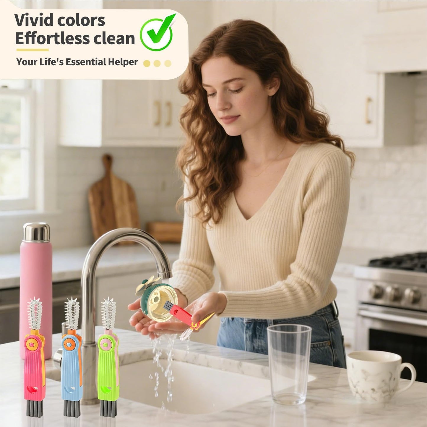 3 in 1 Cup Lid Gap Cleaning Brush Set, 3PCS Multifunctional Bottle Cleaner Bottle Cleaning Brush for Bottle Gaps Home Kitchen Cleaning Tools Mixed Colors