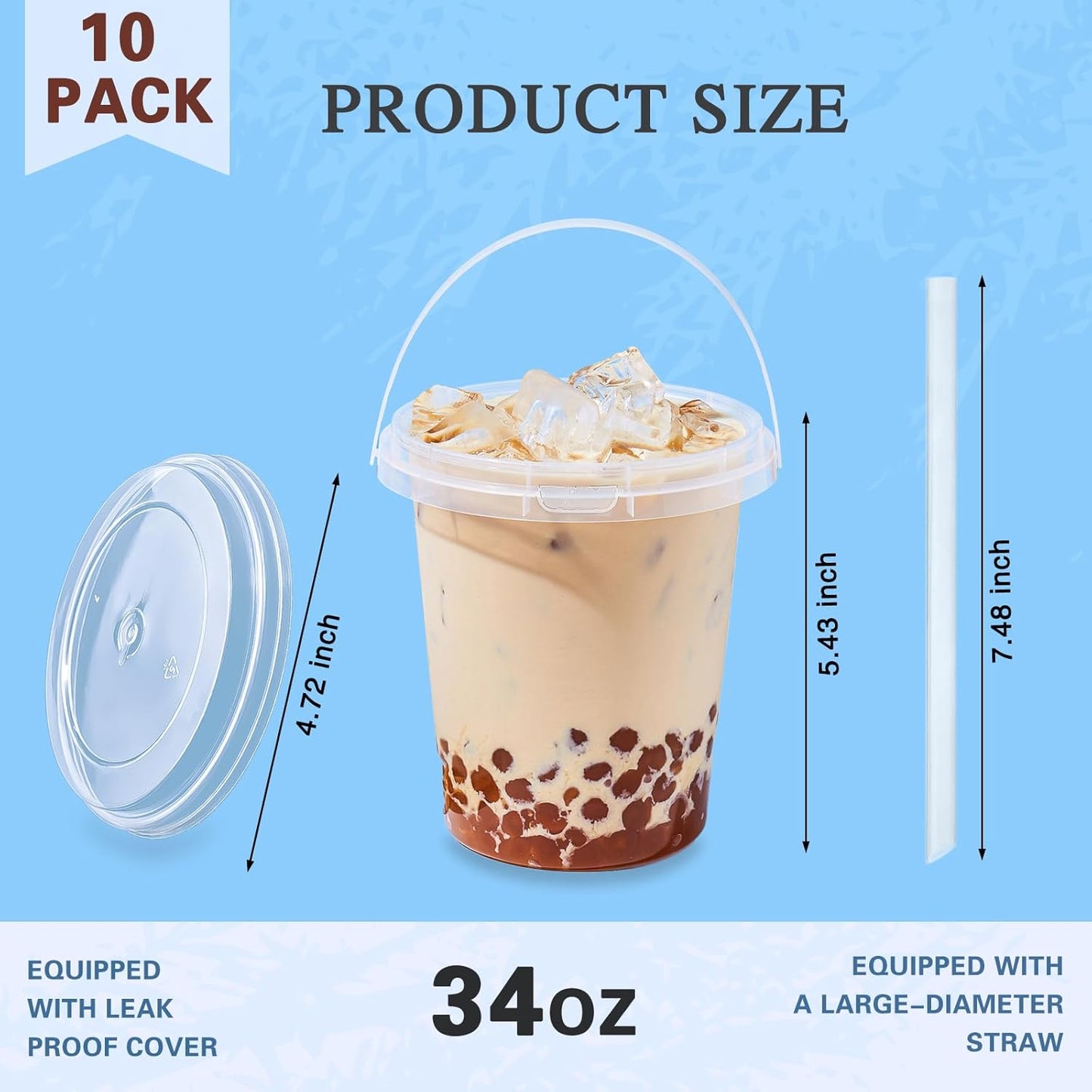 10 Pack 34oz Plastic Cups with Lids and Straws, Disposable Iced Coffee Cups with Lids,Sturdy & Food Safe Drink Buckets for Cold/Hot Drinks,Smoothies, Fruit Drinks Cups Summer Beverages,Bar/Beach Party