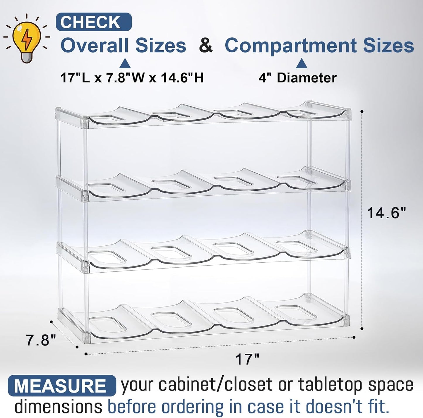 LARGER Compartment - 3 Tier Stackable Water Bottle Organizer Holder - for Stanley 40oz & Others' Large Tumbler - Clear Wine Rack, 12 Cup Bottle Holder for Cabinet Home Countertop Fridge Pantry Shelf