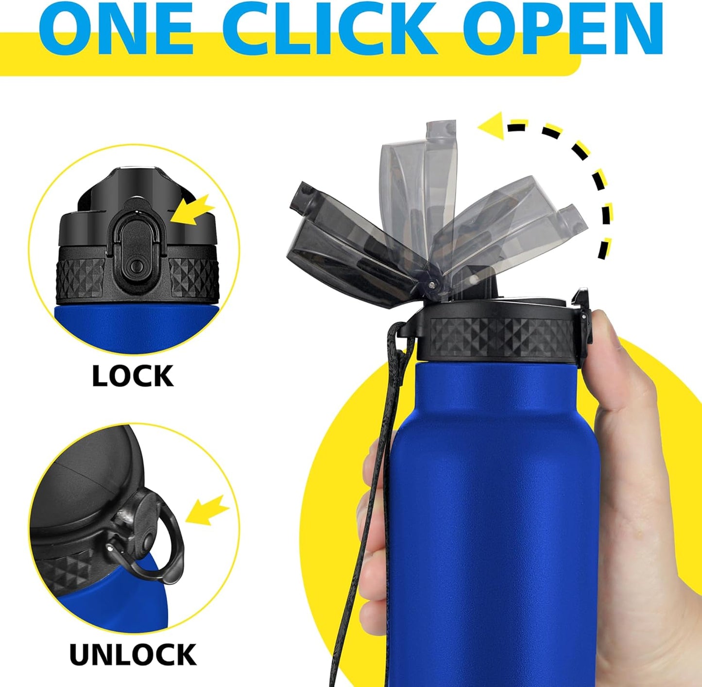 Han's Bottle Sports Water Bottle - 24 Oz, Straw Lid, Leak Proof, Vacuum Insulated Stainless Steel, Double Walled, Thermo Mug,Black