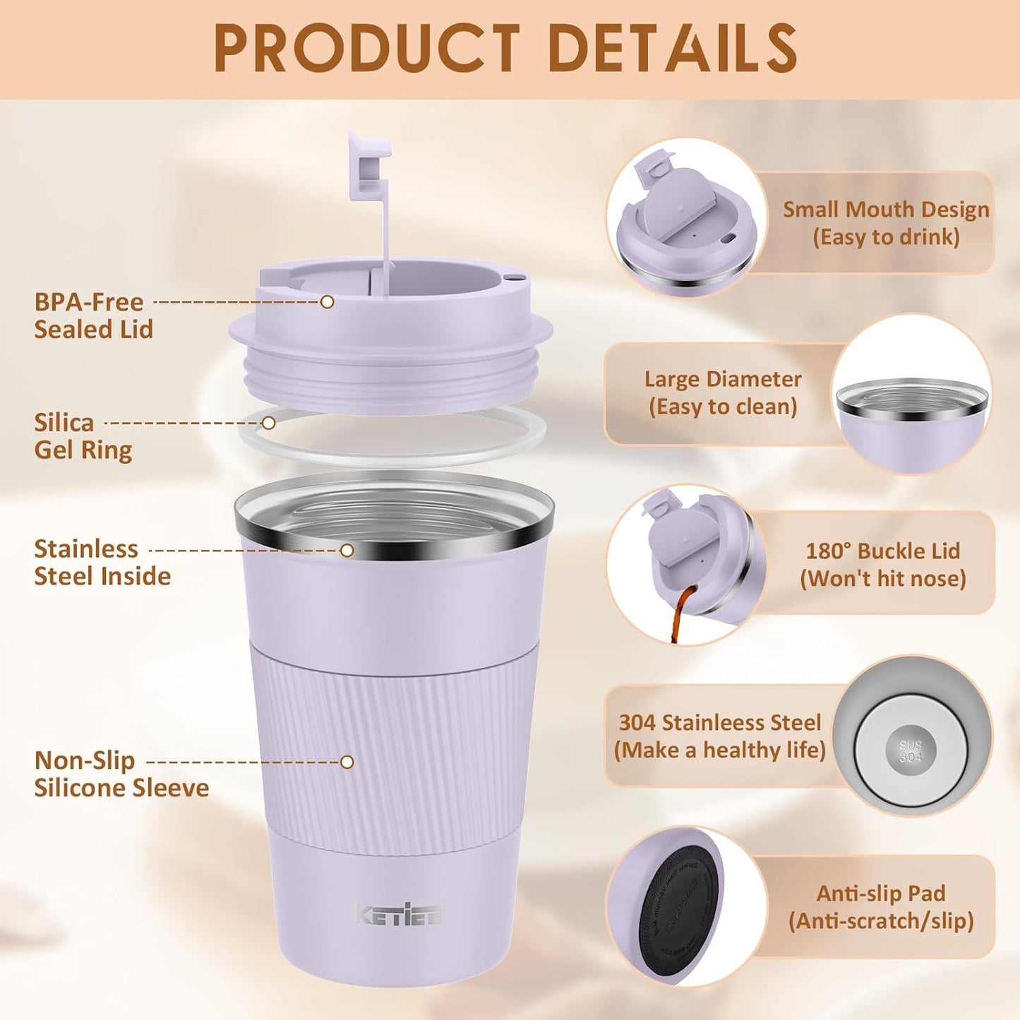 KETIEE Travel Coffee Mug Spill Proof 12oz, Insulated Travel Mug to Go, Reusable Coffee Cup with Seal Lid, Vacuum Stainless Steel Tumbler for Hot/Cold Drinks (Red)