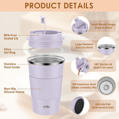 KETIEE Travel Coffee Mug Spill Proof 12oz, Insulated Travel Mug to Go, Reusable Coffee Cup with Seal Lid, Vacuum Stainless Steel Tumbler for Hot/Cold Drinks (Red)