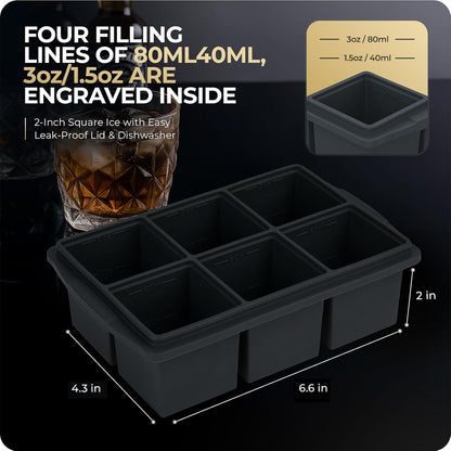 Large Ice Cube Trays for Whiskey, Silicone Ice Cube Tray, with Reinforced Steel Ring Top, Makes 12 perfect 2-in ice cubes, Square Ice Tray for Cocktails, Whiskey, Coffee. (2 Pack)