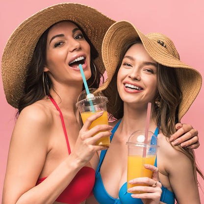 2 Set Silicone Straws with Case, Reusable Travel Straw Cruise Ship Essentials, Foldable Portable Straw + Deep Cleaning Brush + Carry Case with Keychain, for Travel & Party Cold or Hot (Pink & Blue)