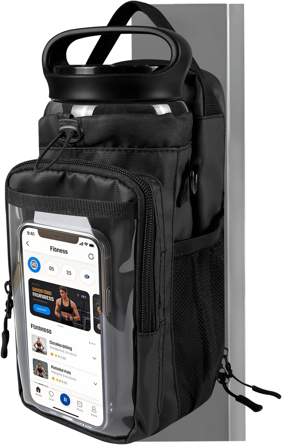 JACZZO Magnetic Gym Bag, Magnetic Gym Water Bottle Bag with Strap 4 Strong Magnets, Upgraded Clear Design Phone Bag, Gym Gifts for Men & Women Gym accessories (Black)