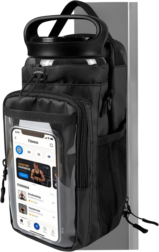 JACZZO Magnetic Gym Bag, Magnetic Gym Water Bottle Bag with Strap 4 Strong Magnets, Upgraded Clear Design Phone Bag, Gym Gifts for Men & Women Gym accessories (Black)