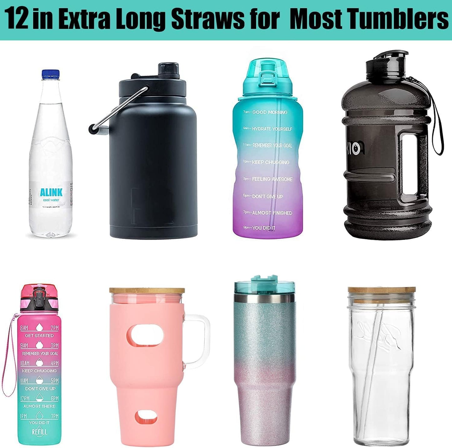 ALINK 8 Pack Replacement Glass Straws for Stanley 40 oz 30 oz Tumbler, 12 in Long Reusable Clear Straws for Stanley Cup Accessories, Half Gallon Bottle, Plus 2 Cleaning Brush