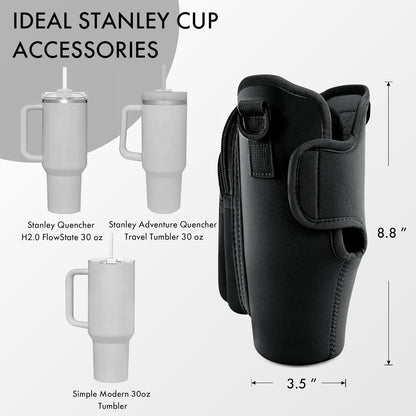 JEBEALUO Water Bottle Carrier Bag with Phone Pocket for Stanley Cup 40/30 oz, Water Bottle Holder with Adjustable Strap& Straw Cover, Stanley Cup Accessories