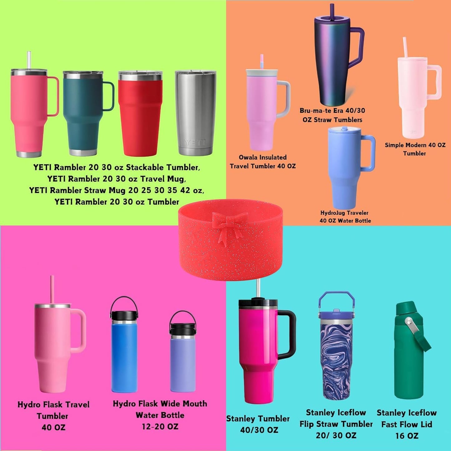2PCS Bow Silicone Boot for Stanley Quencher Tumbler 30oz 40oz & IceFlow 20oz 30oz& Hydro Flask Water Bottle 12-24 oz Protective Bottom Sleeve Cover for Stanley Cup Accessories& Owala 24oz