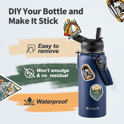 WixByti 40 oz Insulated Water Bottle with Straw (Cold for 36 Hrs), Stainless Steel Triple Wall Vacuum Sports Water Jug, Leakproof Hydro Cup Flask with Paracord Handle & Straw Spout Lids & DIY Stickers