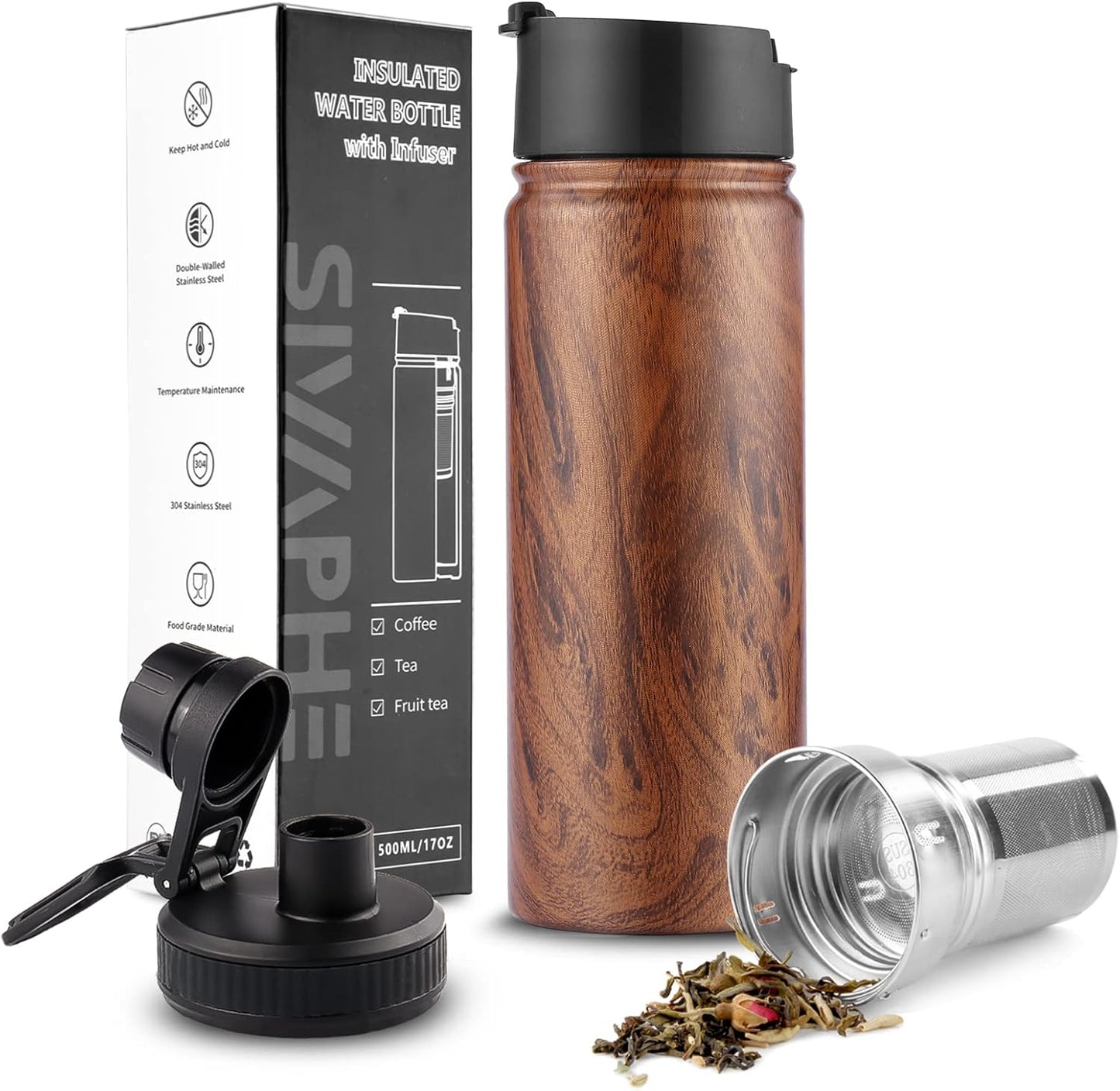 Sivaphe Tea Infuser Bottle With Removable Loose Leaf Tea Strainer Cup 18/8 Stainless Steel Portable Insulated Travel Tea Tumbler Black