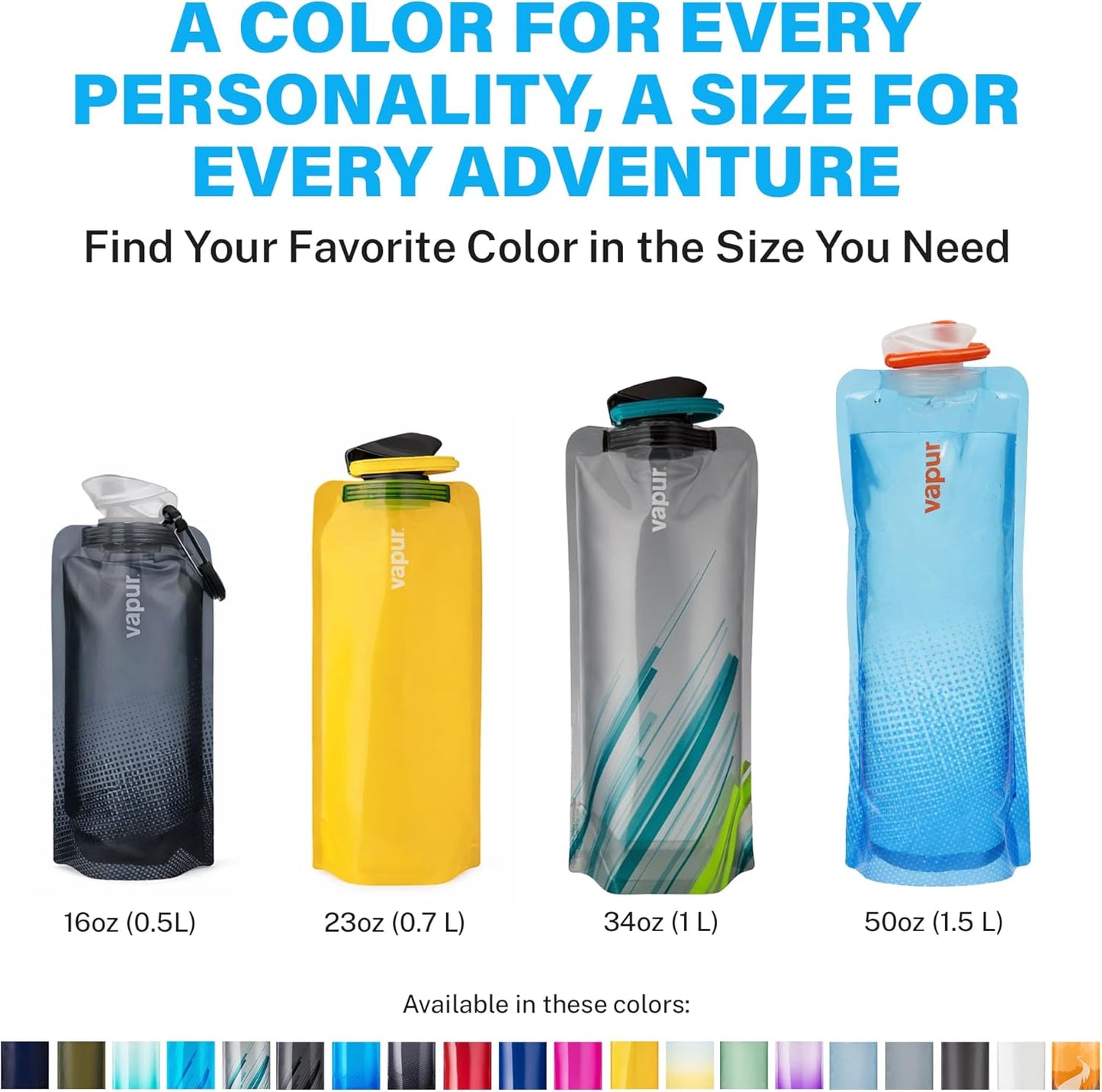 Vapur Collapsible Water Bottle with Carabiner - 34oz (1L), Night Blue - Flexible and Lightweight Water Bottle for Travel, Concert, Hiking, and Outdoor Adventures - BPA-Free, Dishwasher-Safe, Freezable