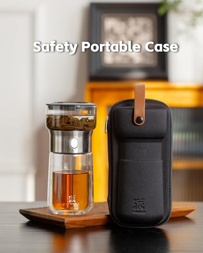 ZENS Modern Glass Infuser Teapot, One Touch Tea Maker for Loose Leaf Tea with Insulated Mug and Portable Case. Enchanted Pot Alternatives for Tea Lover Gifts